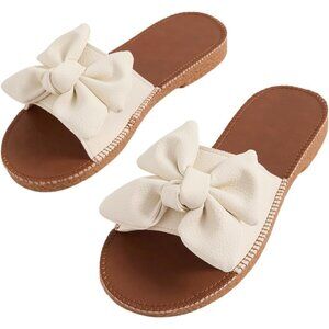 Women's Bow Knot Open Toe Leather Flat Slides Slippers Tan Shoes